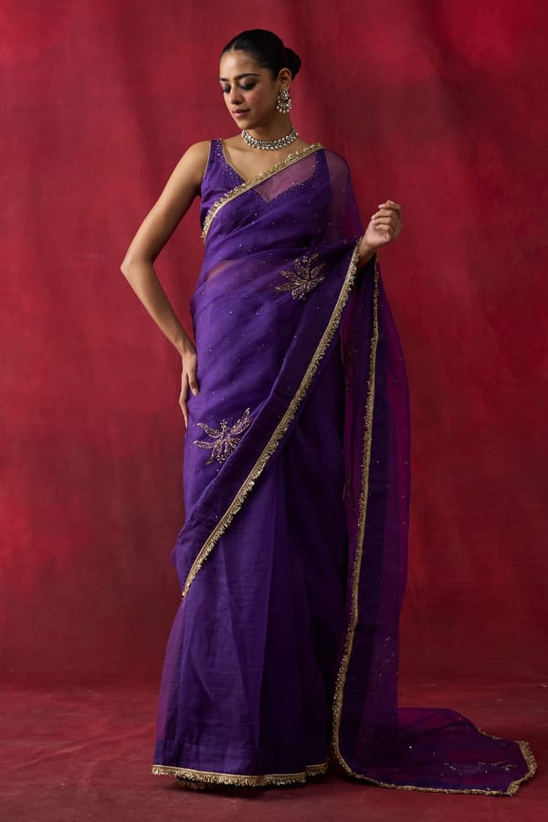 Purple Silk Organza Embroidered Saree Set with Blouse — Shikha Mehta