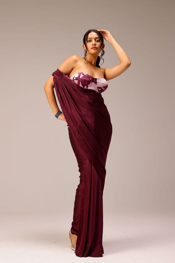 Wine Draped Saree Paired With Hand Embellished Blouse — STUDIO SURBHI