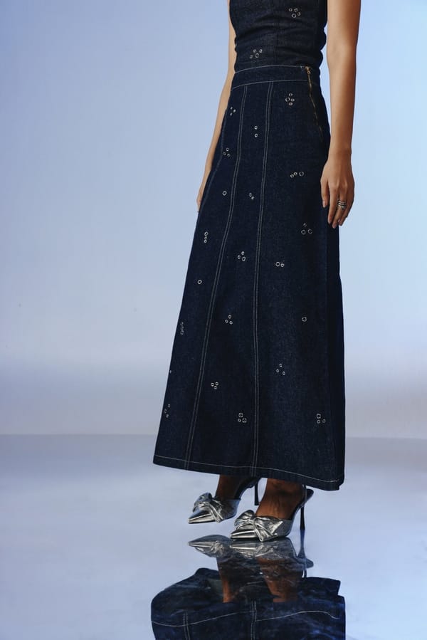 Deep Indigo Denim A-Line Maxi Skirt with Eyelet Details — quietBOLD