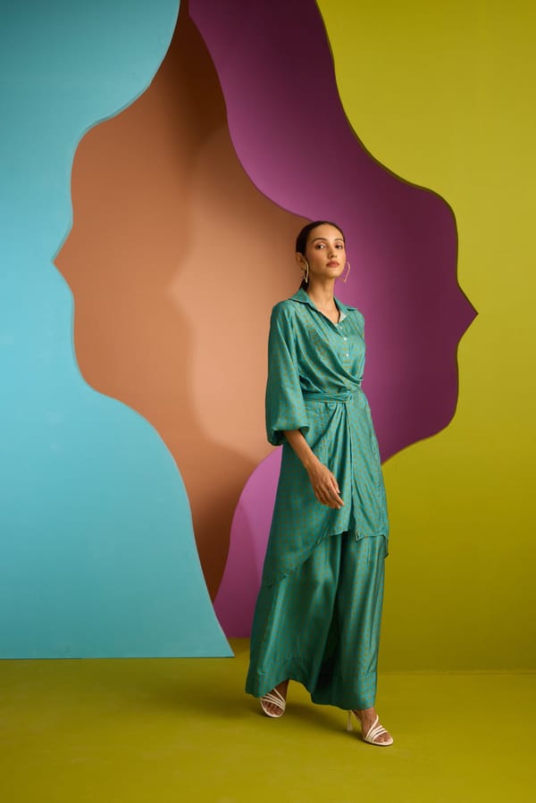 Teal Printed Shirt and Flared Pants Co-ord Set — CUIN