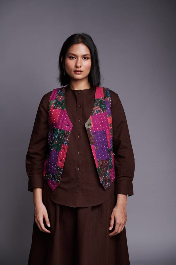 Rani Patchwork Kantha Button-Front Waistcoat — Saphed
