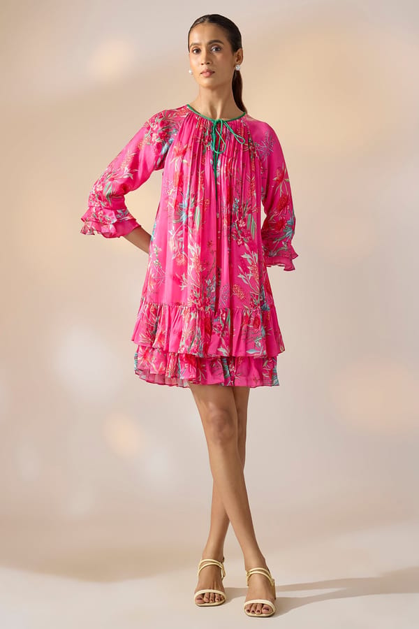 Pink Floral Tiered Mini Dress with Tie-Up Neck — EWOKE STUDIO