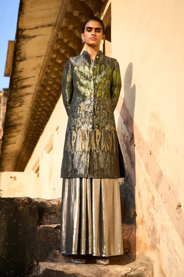 Multicolor Ombre Metallic Brocade Longline Jacket — Dash and Dot
