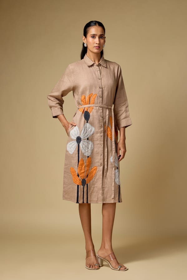 Khaki Linen Midi Shirtdress with Floral Applique — Linen Bloom