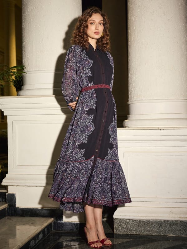Blue Floral Printed Belted Midi Shirt Dress — Style Island