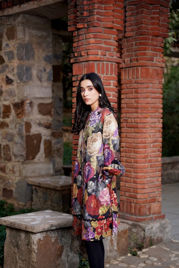 Black Multicolor Floral Merino Wool Mini Dress — Moh India