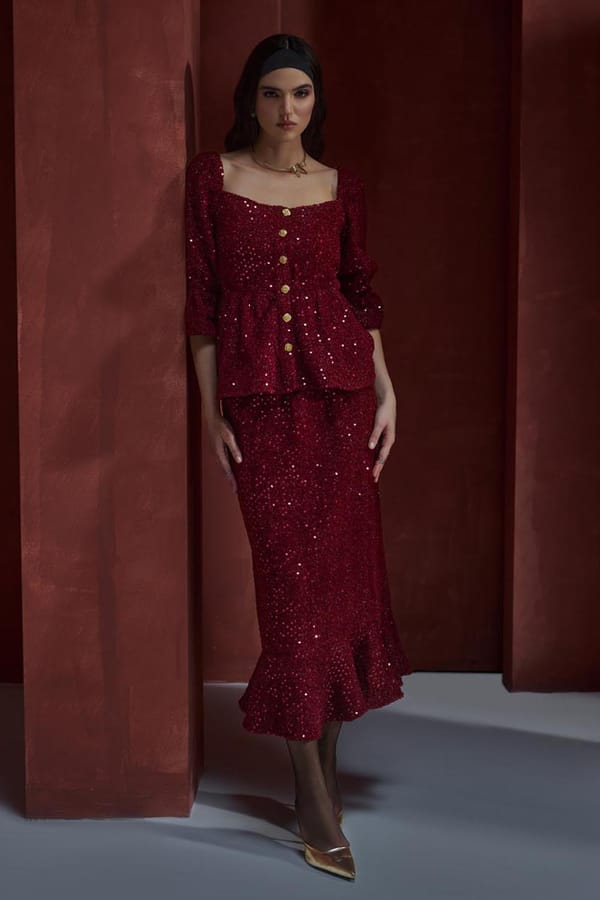 Red Wine Sequinned Tweed Top and Midi Skirt Co-ord Set — BOHO-CHIC