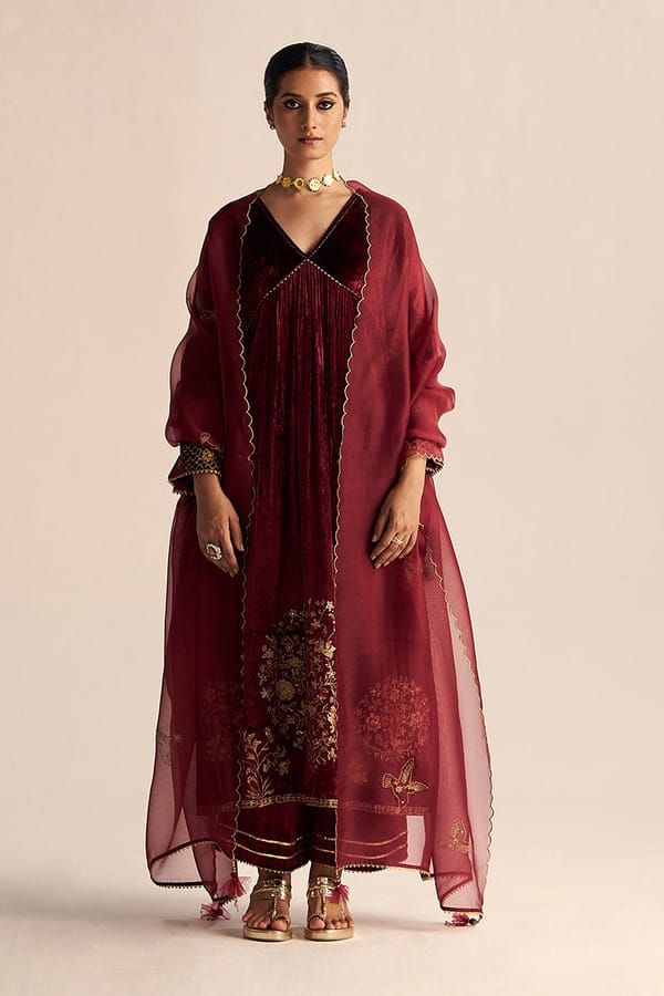 Maroon Velvet A-Line Kurta Set with Embroidered Dupatta — Ganga Fashions Pvt Ltd
