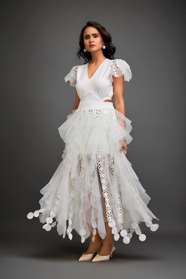 Layered Cascading Sheer Skirt With Intricate Cutwork Detailing — Deepika Arora
