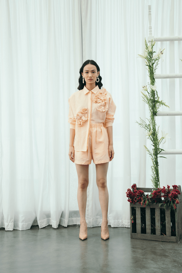 Orange Linen Shirt with Pleated 3D Flower Applique — Pleats by Aruni