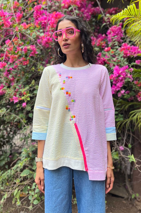 Pink and Yellow Colorblock Striped Tunic Top with Zip — KOR