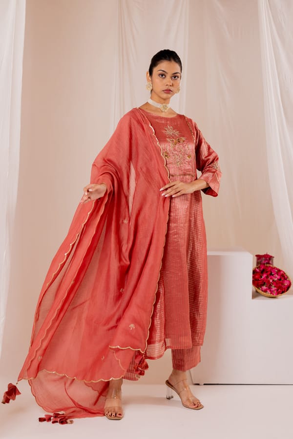Rose Pink Chanderi Silk Embroidered Kurta Set with Dupatta — Silai studio