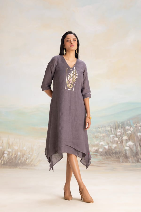 Iron Linen V-Neck Embroidered Fit and Flare Midi Dress — Kaveri