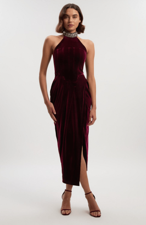 Burgundy Velvet Halter Neck Embellished Midi Dress — KAREN MILLEN