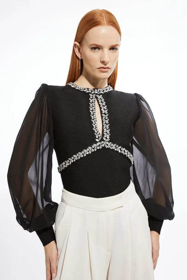 Black Embellished Keyhole Neck Slim-Fit Top — KAREN MILLEN