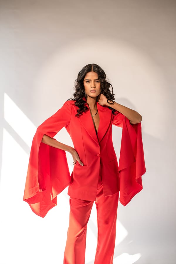 Red Tailored Blazer with Flared Slit Sleeves — MAGIA