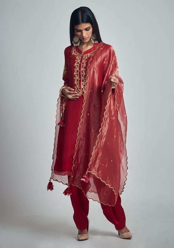 Deep Red Habutai Silk Embroidered Kurta Set with Dupatta — Sheetal Batra
