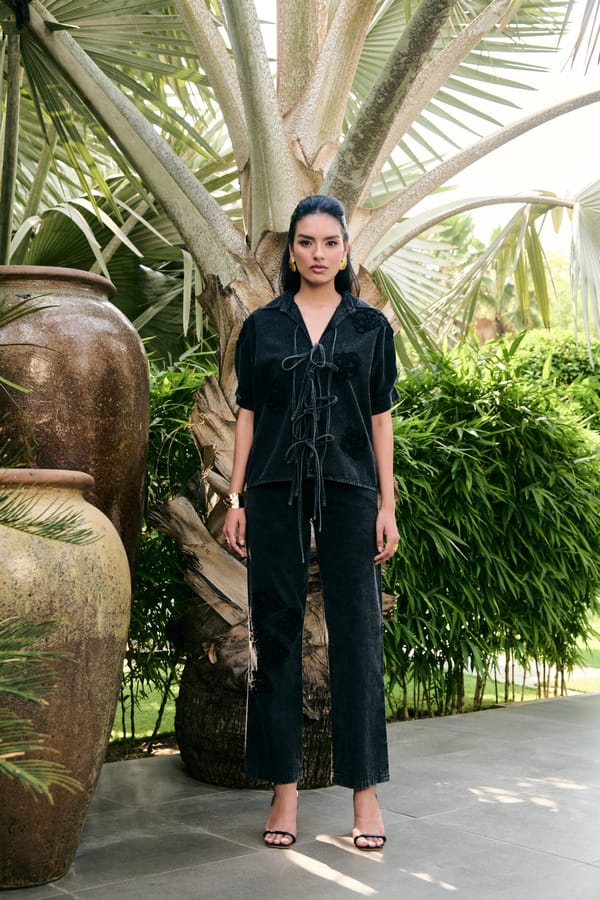 Black Denim Tie-Up Shirt and Wide-Leg Pants Co-ord Set — KAY KAY