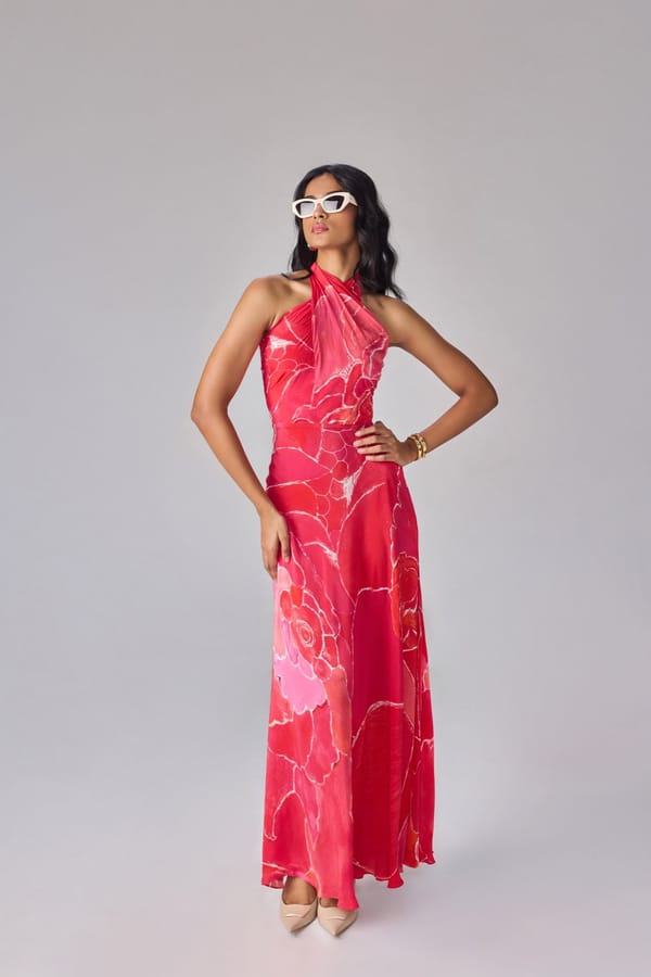 Pink Abstract Floral Halter Neck Maxi Column Dress — Saaksha and Kinni