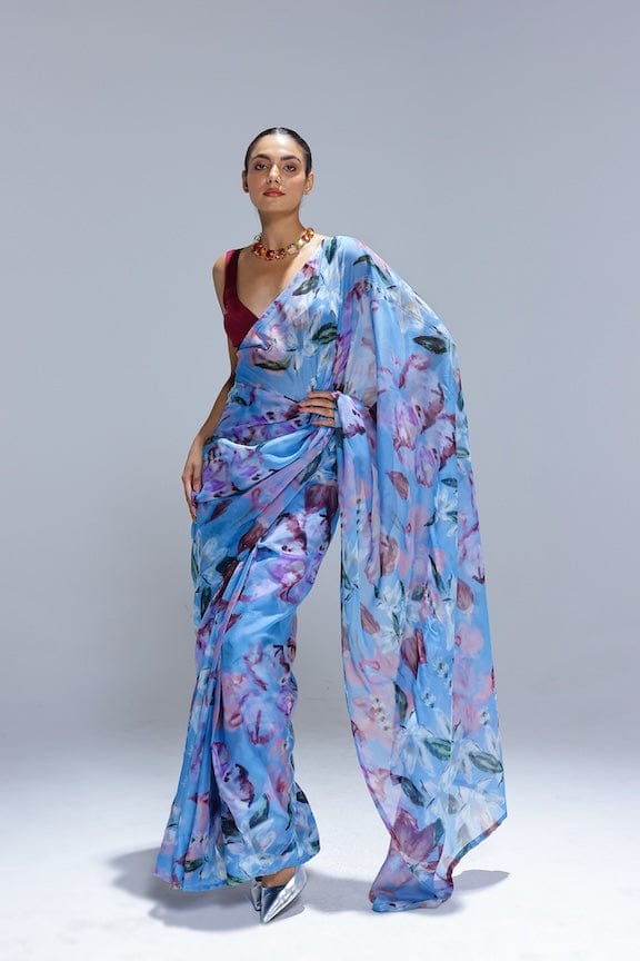 Powder Blue Floral Printed Organza Saree Set — STUDIO SURBHI