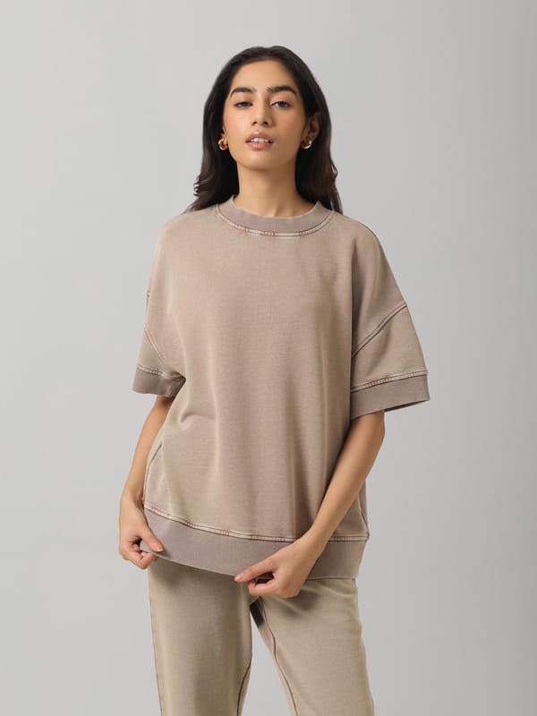 Brown Acid Wash Short Sleeve Sweatshirt — Necesera