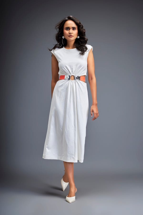 Gathered Waist Dress with Bold Contrast Belt — Deepika Arora