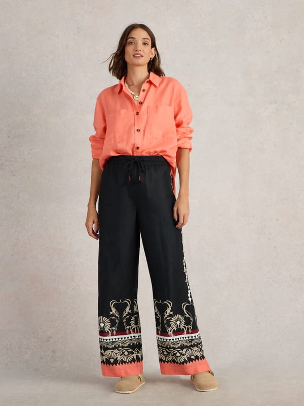 Black Printed Linen Wide-Leg Trousers with Drawstring Waist — White Stuff