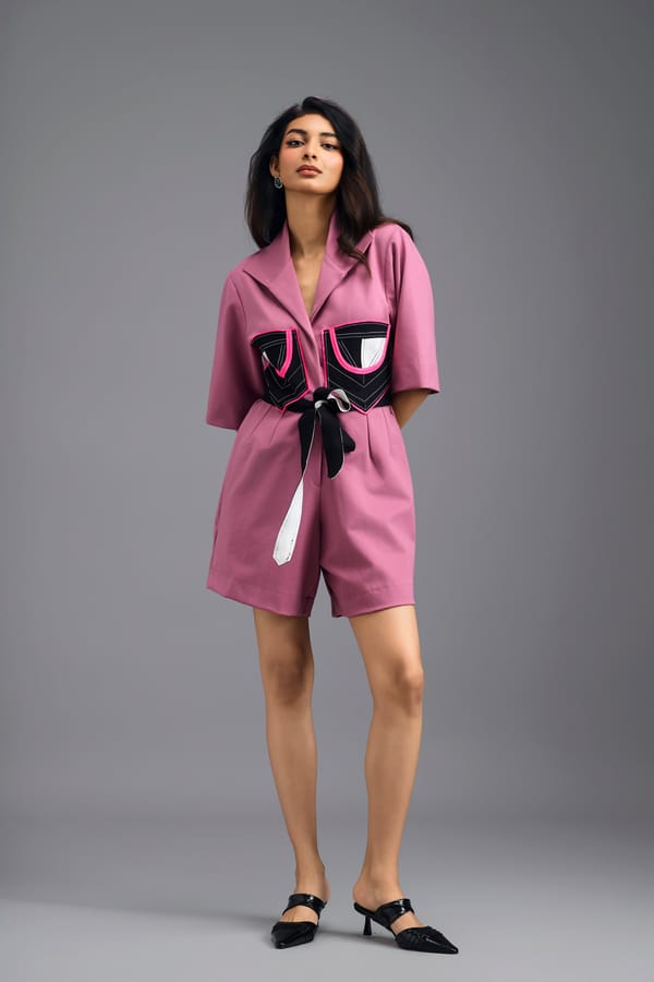 Pink Tailored Playsuit with Colour-Block Pocket Panels — Deepika Arora