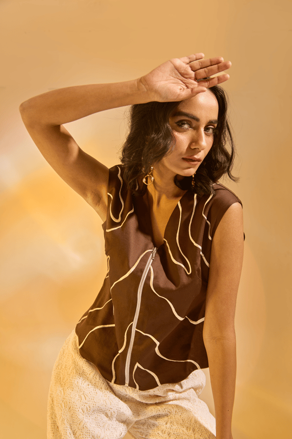 Brown and Cream Zip-Front Fitted Sleeveless Top — An'era by Asmita Verma