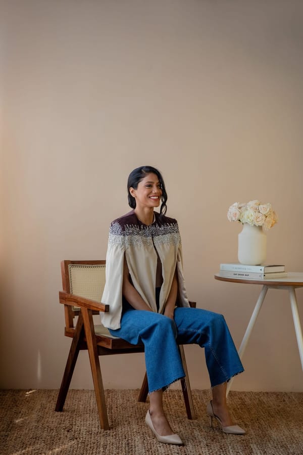 Brown and Beige Embellished Velvet Cape — Rhe-Ana