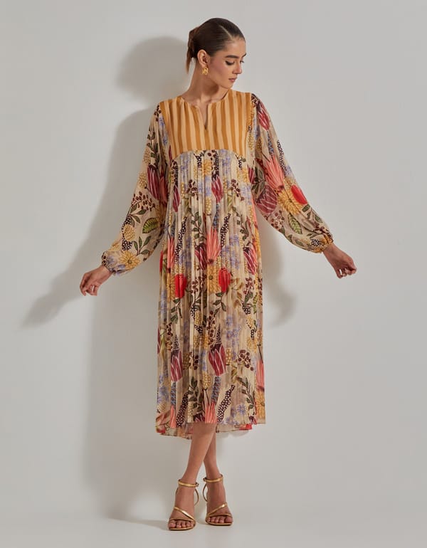 Beige Printed Georgette Tiered Midi Dress — Kavita Bhartia