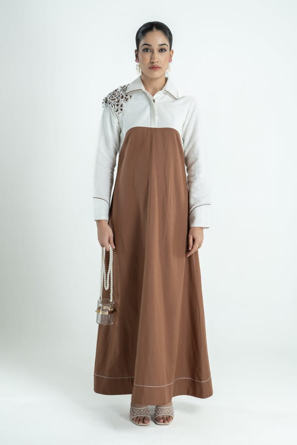 White and Tan Colorblock Maxi Shirt Dress — Our Love