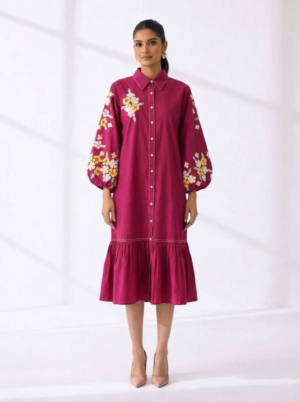 Red Embroidered Sleeve Midi Shirt Dress with Belt — RUCHIKA MALLIKA LABEL
