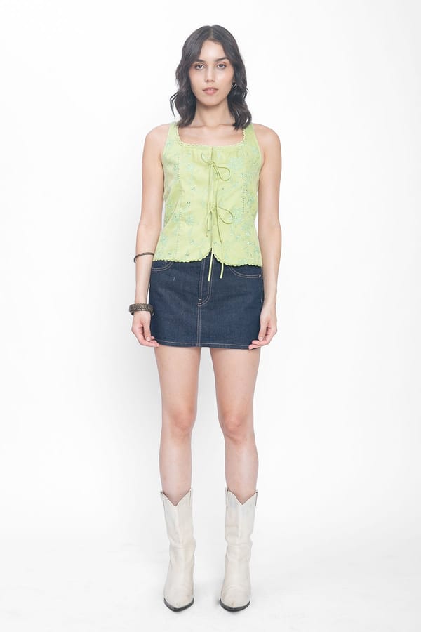 Lime Green Schiffli Embroidered Square Neck Tie-Up Top — Contemponari