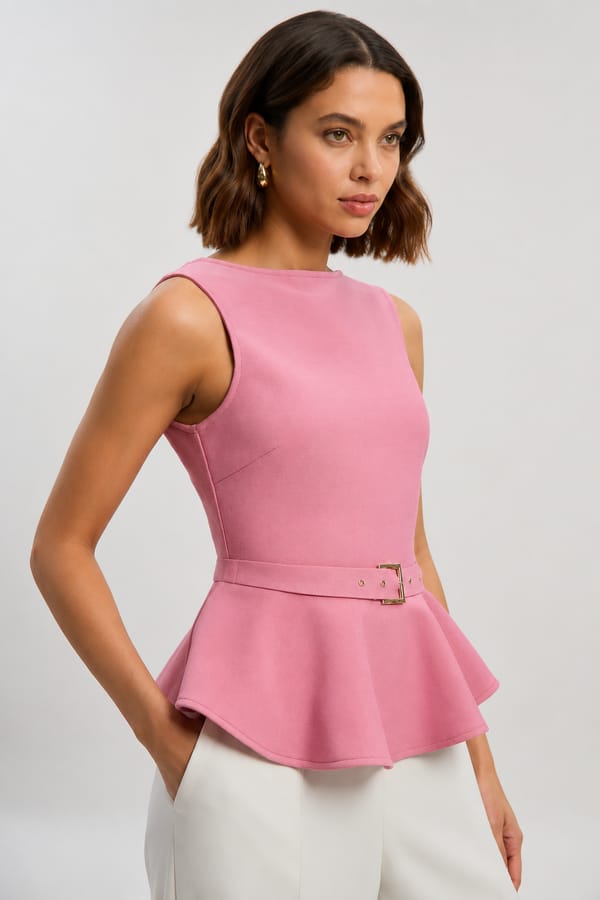 Dusty Rose Sleeveless Belted Peplum Top — KAREN MILLEN
