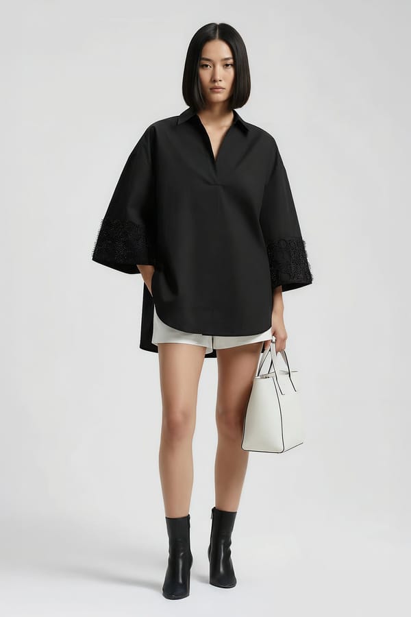 Black Relaxed-Fit Poplin Shirt with Embroidered Cuffs — Genes Lecoanet Hemant