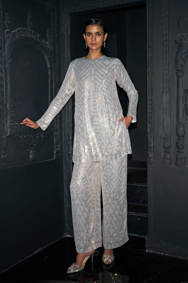 Pastel Sequin Longline Top and Wide-Leg Pants Co-ord Set — Dash and Dot