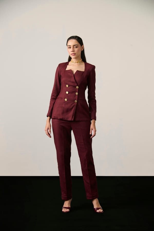 Maroon Tweed Double-Breasted Blazer Co-ord Set — Label IRIS