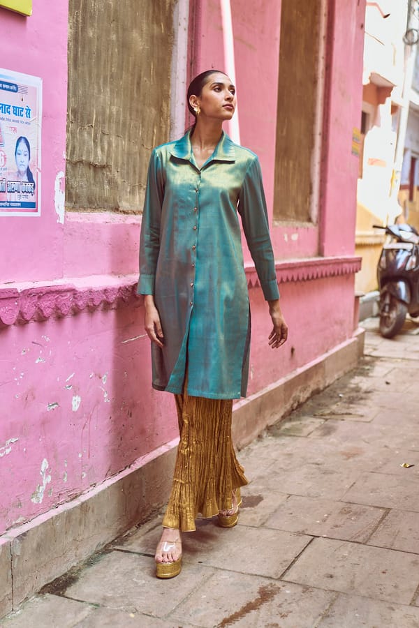 Green Metallic Two-Tone Longline Shirt Top — Dash and Dot