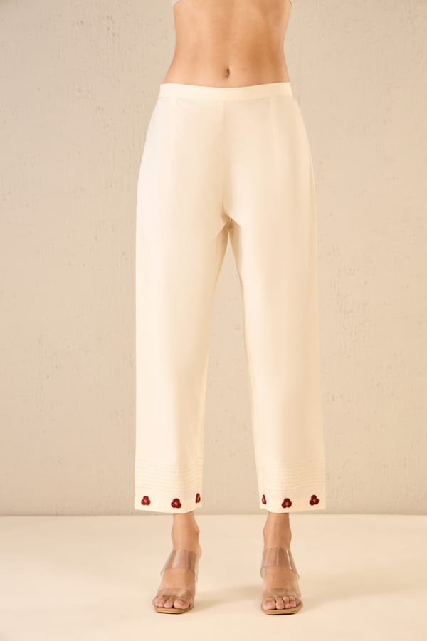 Bloom Dots: Ivory Pintuck Crochet Floral Pant — SHIVANI BHARGAVA