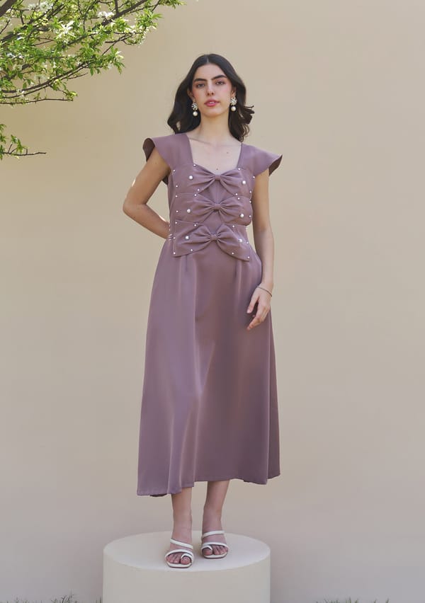 Mocha Fit and Flare Crepe Midi Dress with Bow Bodice — AMOSHI