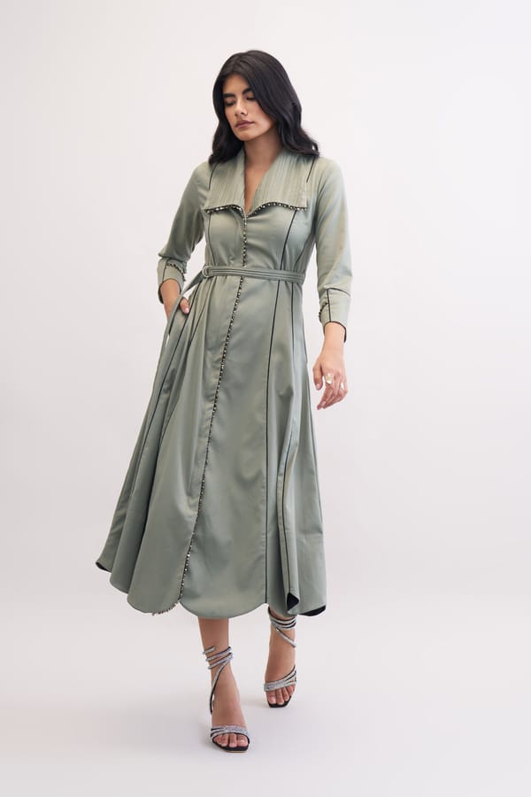 Olive Belted Trench Midi Dress with Bead and Sequin Detail — Our Love