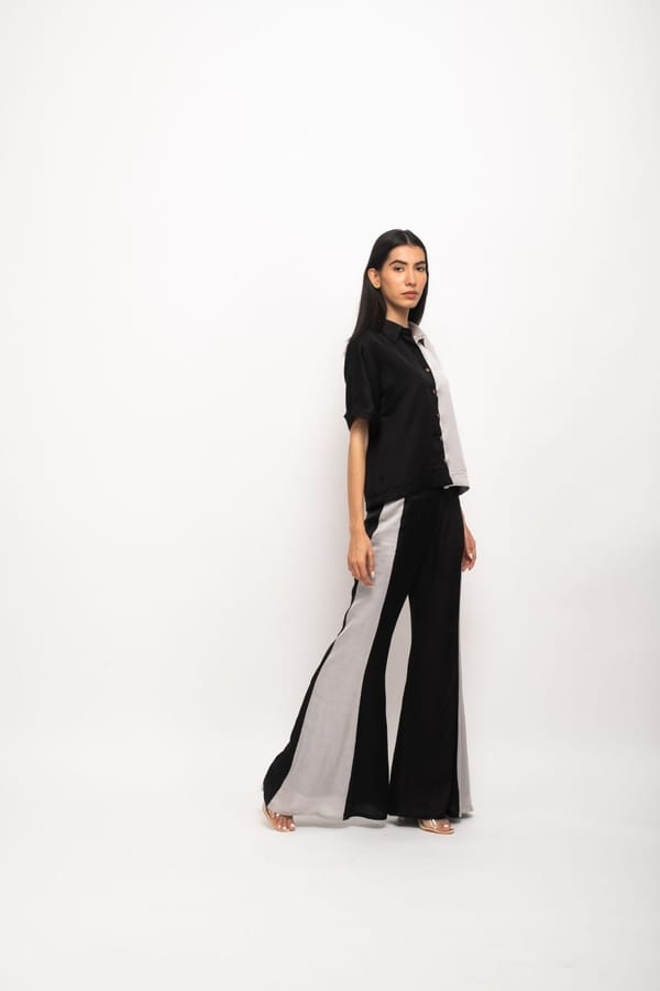 Black Grey Half-and-Half Shirt and Flared Pants Co-ord Set — Neora