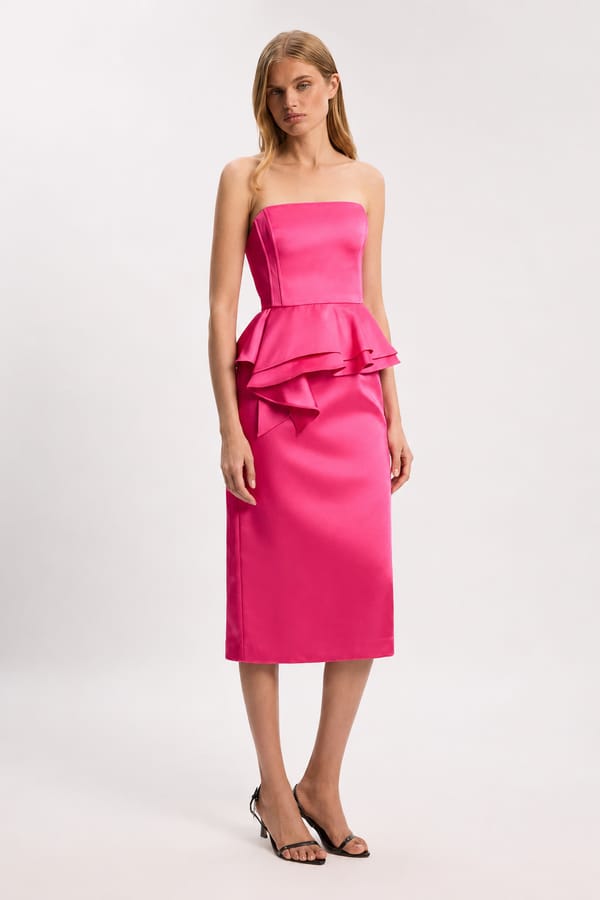 Bonded Satin Peplum Pencil Woven Midi Dress — KAREN MILLEN