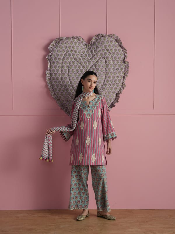 STRIPED FRONT YOKE KURTA WITH YELLOW FLORA PRINT WIDE-LEGGED PANTS AND DUPATTA — TASHA INDIA