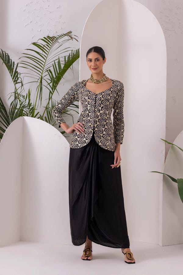 Black Midnight Gold Drape Dhoti Skirt Fusion Set — Sew and You