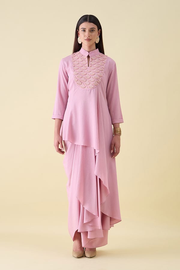 Pink Embellished Draped Tunic Skirt Set — Aakaar
