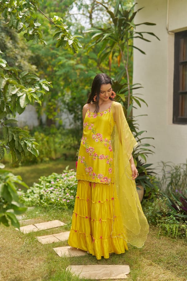 Marigold Yellow Floral Applique Kurta Garara Set — SURABHI ARYA