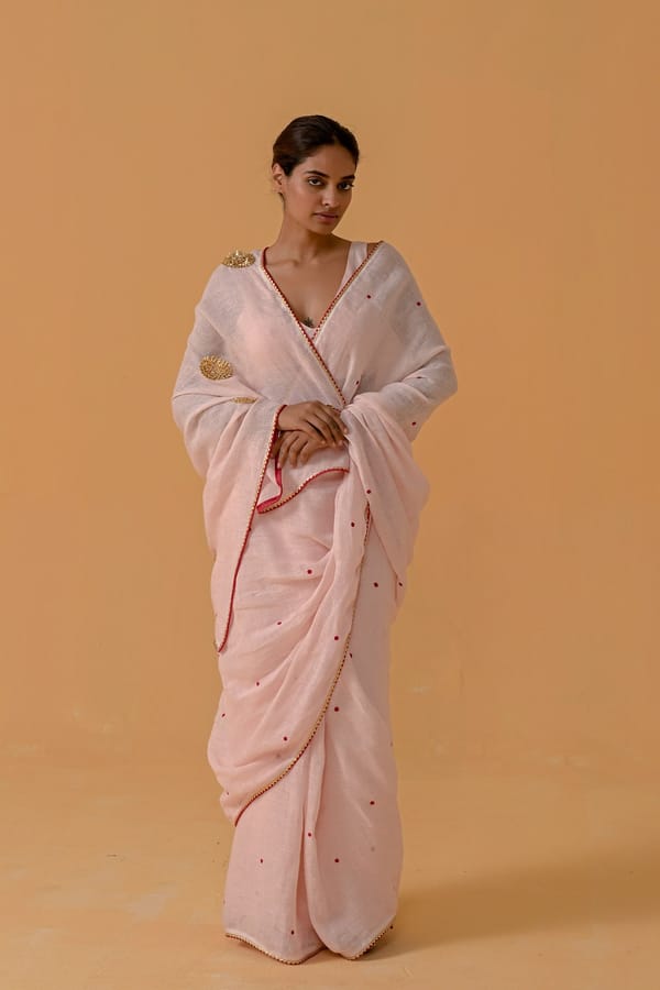 Baby Pink Gauze Linen Saree with Gota Flower Motifs — YELL