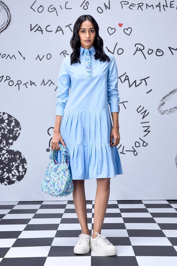 Light Blue Sequin Placket Tiered Midi Shirt Dress — Genes Lecoanet Hemant